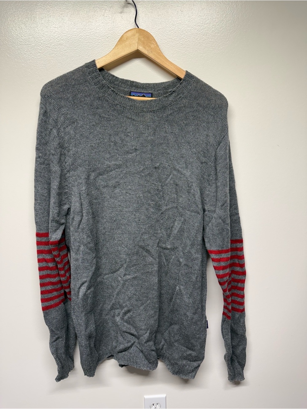 Patagonia Gray Crewneck Sweater with Red Striped Sleeves